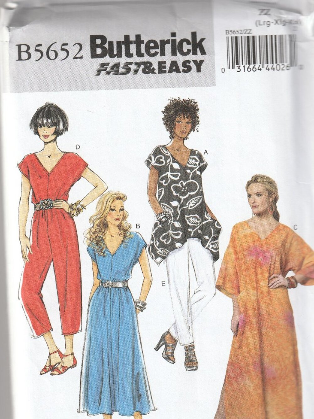 UNCUT Butterick B5652 sewing pattern caftan, jumpsuit, top, pants sizes L XL XXL
